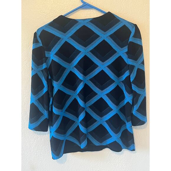 Women's Ming Wang Blue Black Diamond Print Knit Cardigan Jacket Size PM - Picture 2 of 6